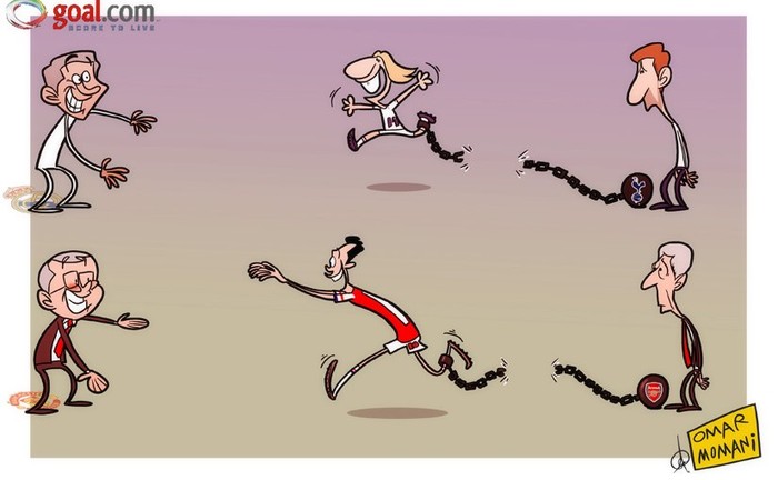 Biếm họa của Goal.com về sự bất lực của Villas-Boas và Giáo sư Wenger về cuộc tháo chạy của Luka Modric và Van Persie